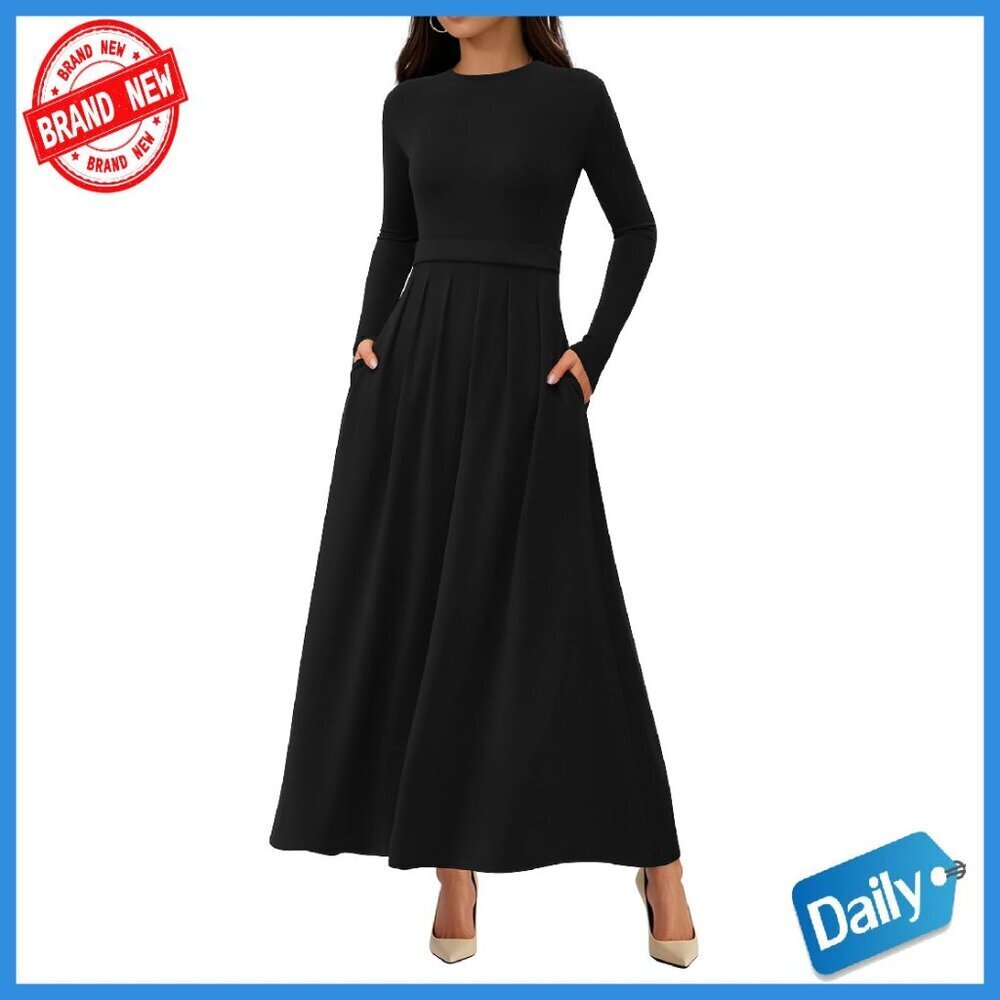 Long Sleeve Pleated Dress with Pockets, Business Casual, A-Line Maxi